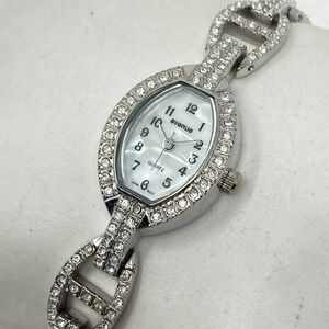 Avenue Bling Watch Women 19mm Silver Tone MOP Dial Crystals Pave New Batter 6.5"